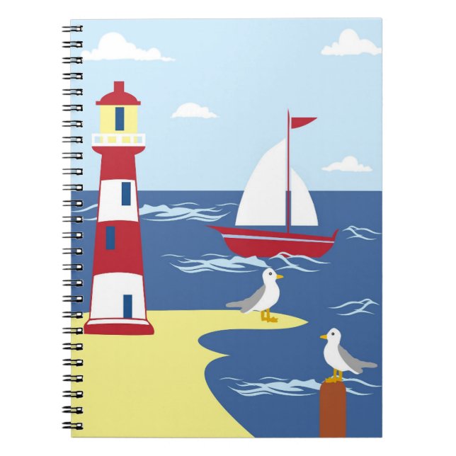 Cute Lighthouse och Boat Seaside Art Anteckningsbok (Framsidan)