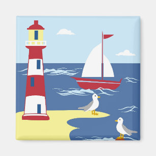 Cute Lighthouse och Boat Seaside Art Magnet
