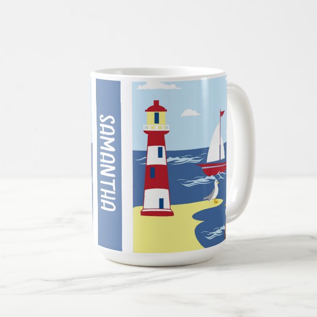 Cute Lighthouse och Boat Seaside Art Personlig Kaffemugg (Framsida höger)