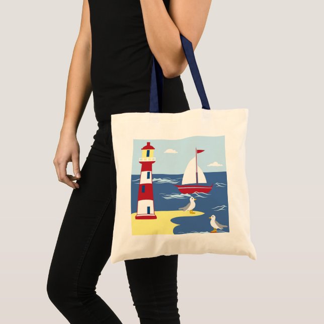 Cute Lighthouse och Boat Seaside Art Tygkasse (Framsida (produkt))