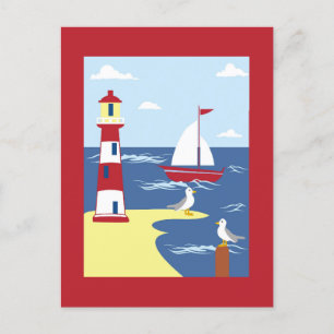 Cute Lighthouse och Boat Seaside Art Vykort