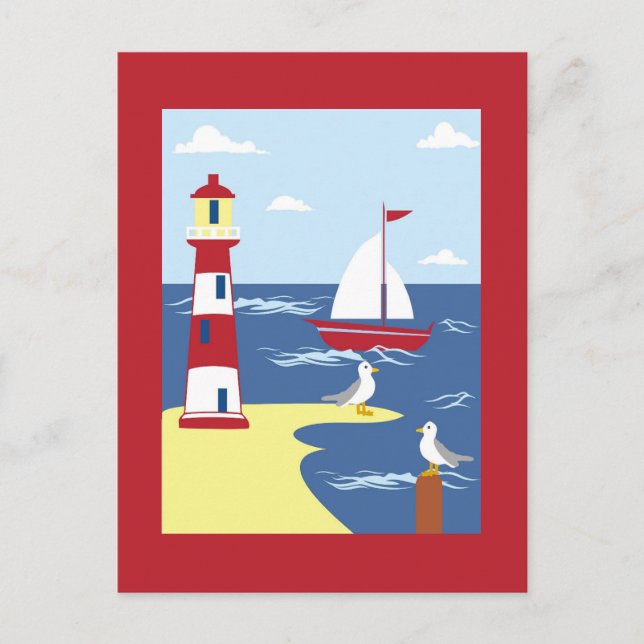 Cute Lighthouse och Boat Seaside Art Vykort (Framsida)