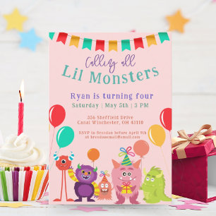 Cute lil Monster Tecknad Rosa Födelsedagsfest Inbjudningar