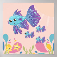 Cute lila and blue fish in sea scen.
