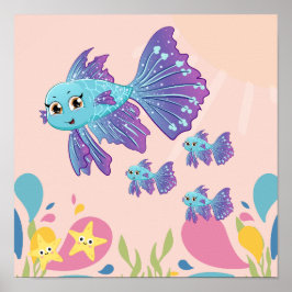Cute lila and blue fish in sea scen. poster