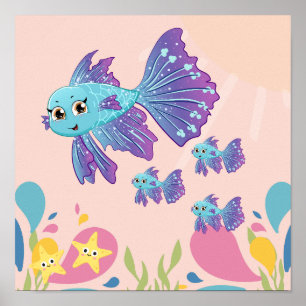 Cute lila and blue fish in sea scen. poster