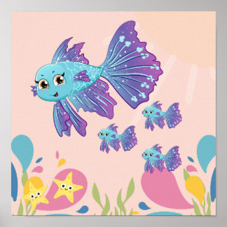 Cute lila and blue fish in sea scen. poster