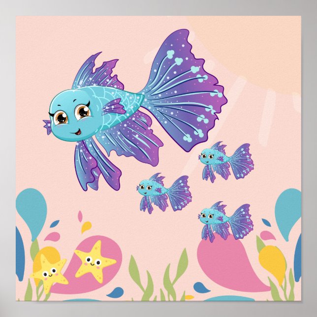 Cute lila and blue fish in sea scen. poster (Framsidan)