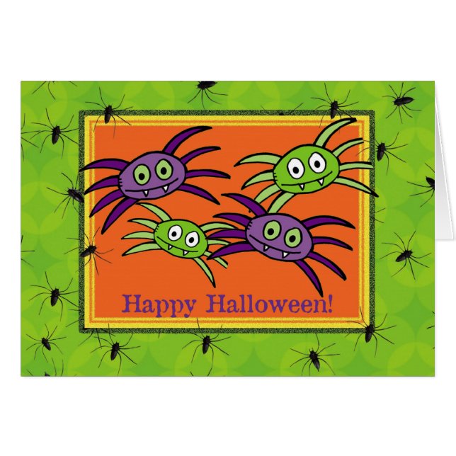 Cute Lila and Grönt Spiders Halloween Card OBS Kort (Framsidan Horizontal)