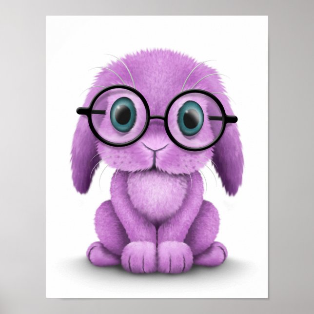 Cute Lila Baby Bunny Wearing Glass on White Poster (Framsidan)