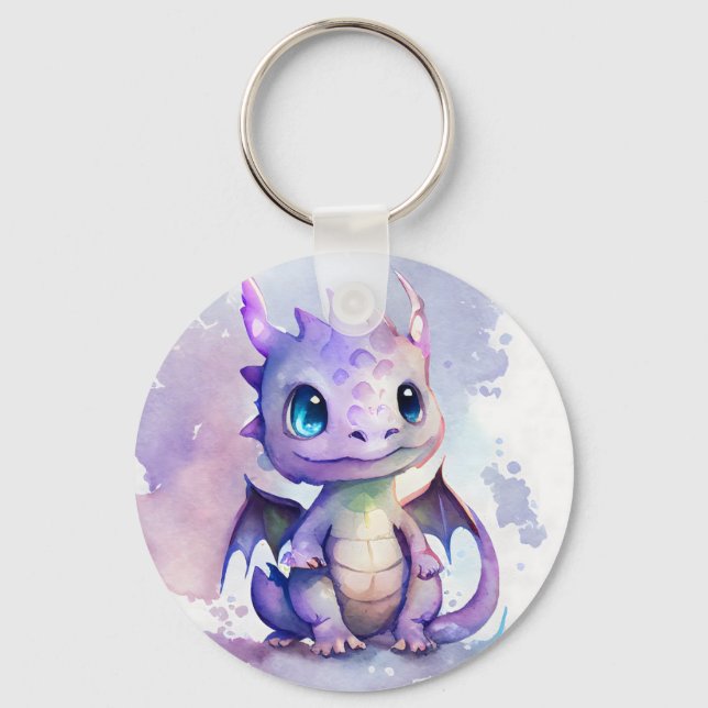 Cute Lila Baby Dragon Watercolor Nyckelring (Framsida)