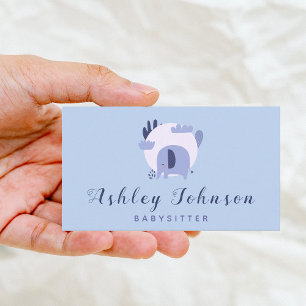 Cute Lila Baby Elephant Babysit Theme Blue Visitkort