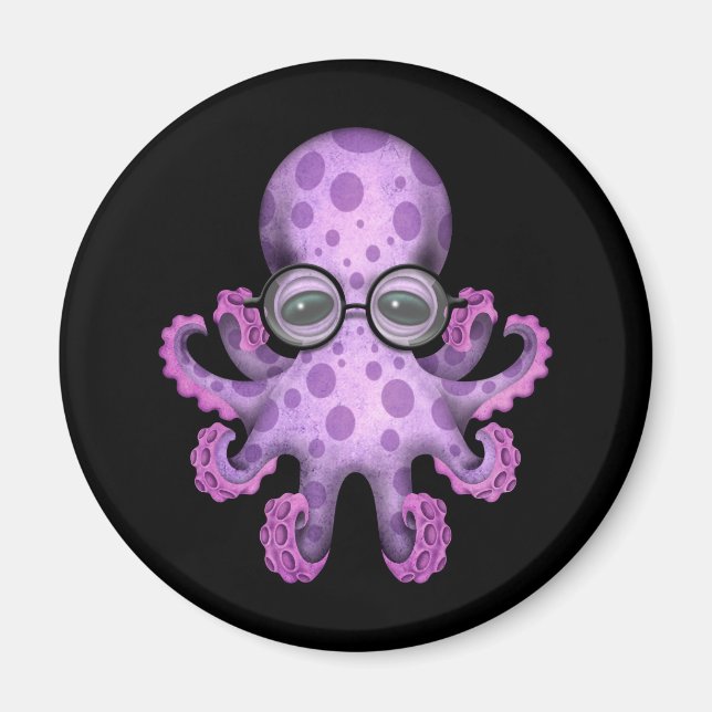 Cute Lila Baby Octopus Wearing Glass on Black Magnet (Framsidan)