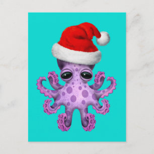 Cute Lila Baby Octopus Wearing Santa Hat Blue Helg Vykort