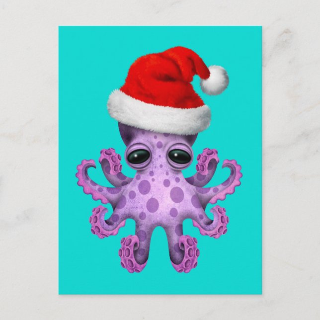 Cute Lila Baby Octopus Wearing Santa Hat Blue Helg Vykort (Framsida)