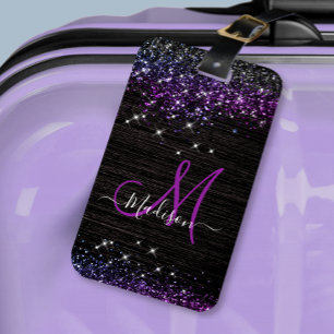 Cute lila black faux glitter monogram bagagebricka