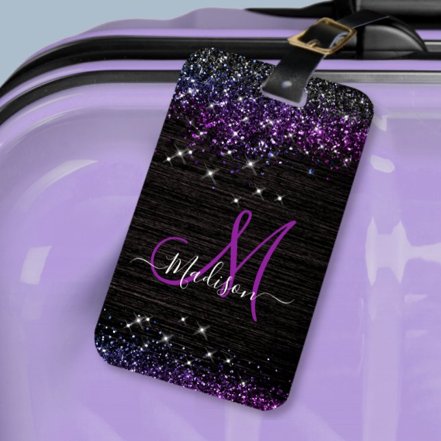Cute lila black faux glitter monogram bagagebricka (Skapare uppladdad)