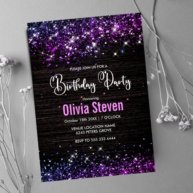 Cute lila black faux glitter monogram inbjudningar (Skapare uppladdad)