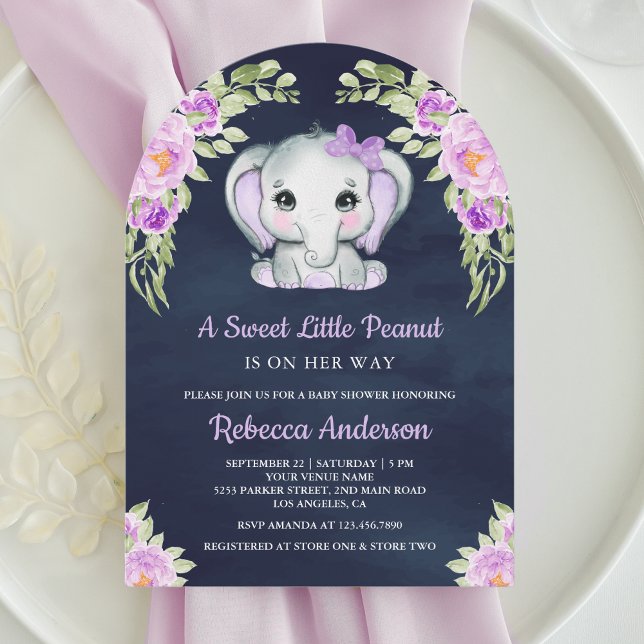 Cute Lila Blommigt Elephant Arch Navy Baby Shower Inbjudningar (Skapare uppladdad)