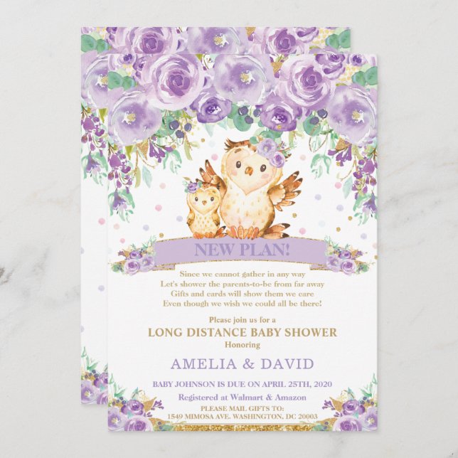 Cute Lila Blommigt Uggla Baby Shower efter post Inbjudningar (Fram/baksida)