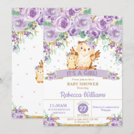 Cute Lila Blommigt Uggla Baby Shower Flicka Inbjudningar