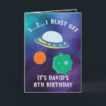 Cute Lila Blue Flies Saucer Galaxy 8:e födelsedage Kort<br><div class="desc">Cute Lila Blue Flies Saucer Galaxy 8th Birthday, en fin och unik design som är gjord för alla som tittar ett barnbarnbarnsdagskort för 8 dagar, son 8 födelsedag eller 8 födelsekort för barn, den här är avsedd för dig. Designen innehåller några söta utrymmesobjekt i rymden, något lustigt och coola för...</div>