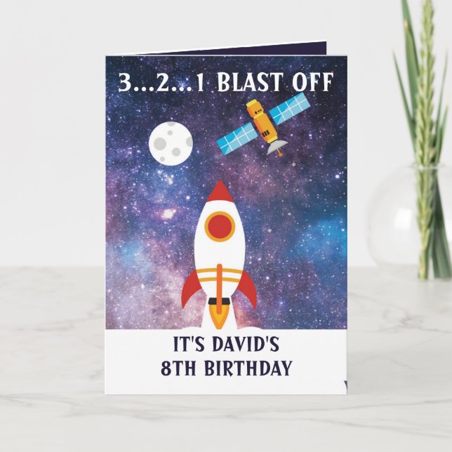 Cute Lila Blue Space Rocket Måne 8:e födelsedagen Kort (Framsida)