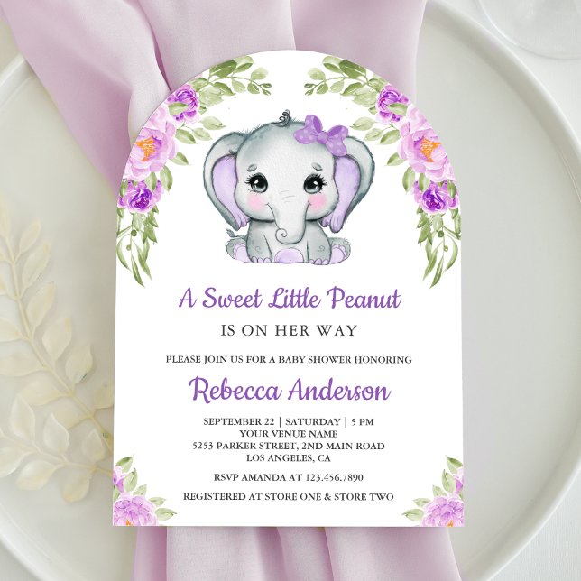 Cute Lila Bow Blommigt Elephant Arch Baby Shower Inbjudningar (Skapare uppladdad)