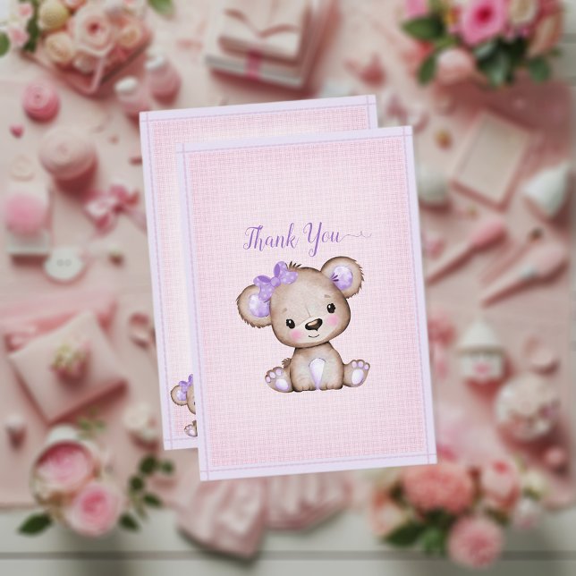 Cute Lila Brown Bear Baby Shower Tack Kort (Skapare uppladdad)