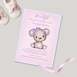 Cute Lila Brown Girl Bear Baby Shower-inbjudan Inbjudningar