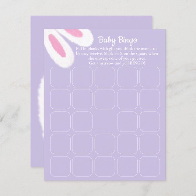 Cute Lila Bunny Baby Shower Bingo Game (Fram/baksida)