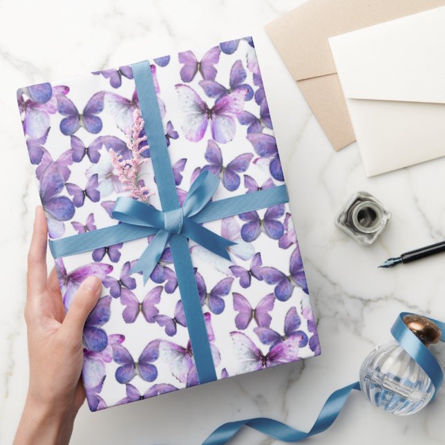 Cute Lila Butterflies Mönster Pastel Presentpapper (Gifting)