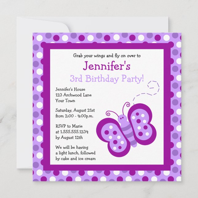 Cute Lila Butterfly & Polka dots Birthday Inbjudan (Framsida)