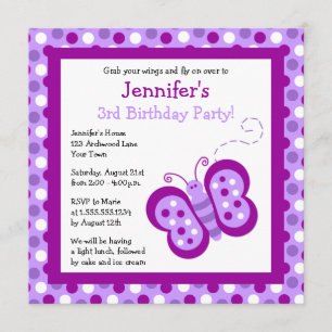 Cute Lila Butterfly & Polka dots Birthday Inbjudan
