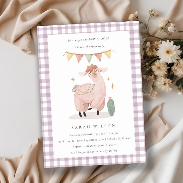 Cute Lila Cactus Boho Llama Baby Shower Inbjudan (Skapare uppladdad)