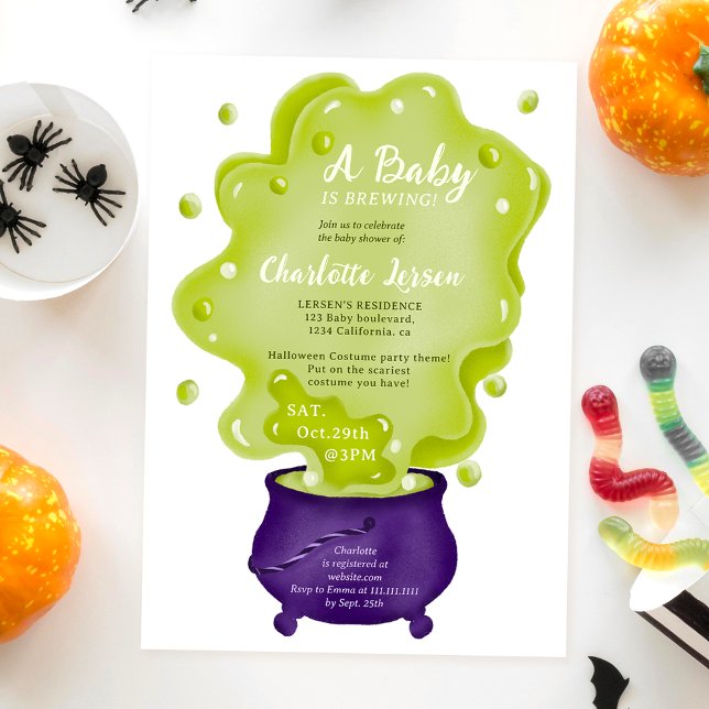 Cute lila caldron grönt halloween babydusch inbjudningar (Cute purple caldron green halloween baby shower invitation)