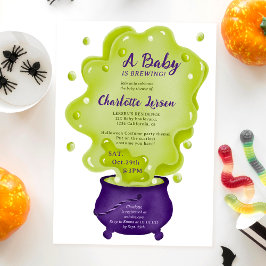 Cute lila caldron grönt halloween babydusch inbjudningar