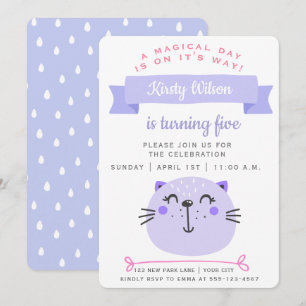 Cute Lila Cat   BARNS FÖDELSEDAG Inbjudningar