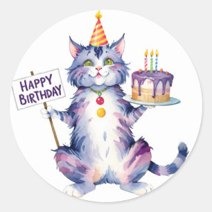 Cute Lila Cat Birthday Cake - Birthday Runt Klistermärke