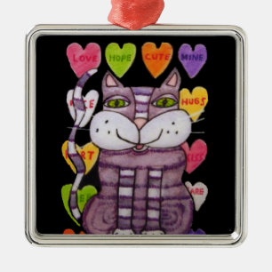 Cute Lila Cat Grönt Ögon Candy Hearts Black Julgransprydnad Metall