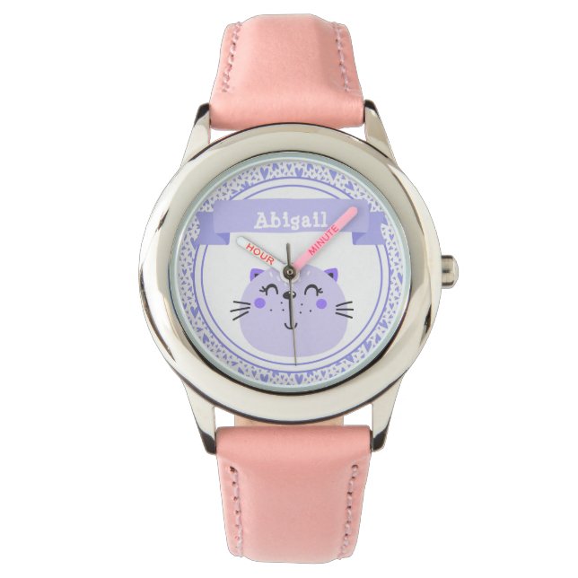 Cute Lila Cat & Lilac Hearts - Personlig Kids Armbandsur (Framsida)