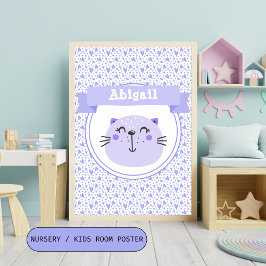 Cute Lila Cat & Lilac Hearts - Personlig Kids Poster