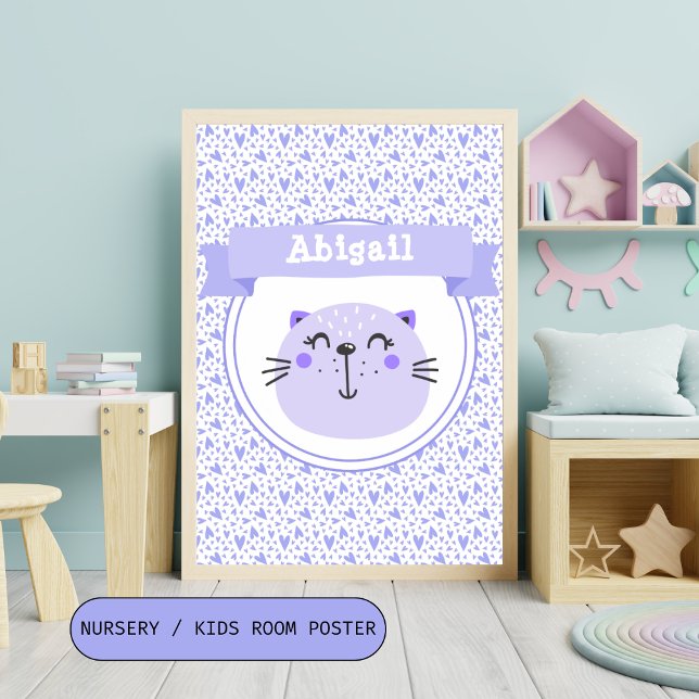 Cute Lila Cat & Lilac Hearts - Personlig Kids Poster (Skapare uppladdad)