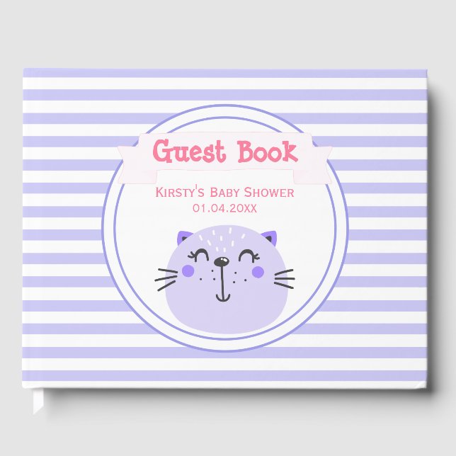 Cute Lila Cat | Lilac Stripe Baby Shower Gästböcker (Framsida)