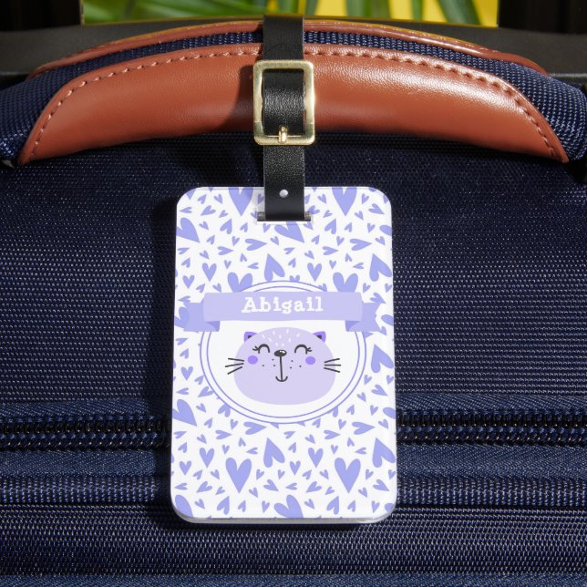 Cute Lila Cat | Personlig Lilac Hearts Kids Bagagebricka (Framsida Insitu 2)