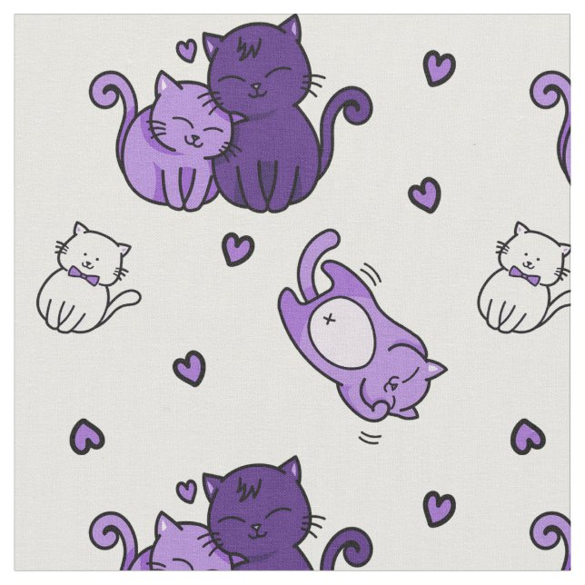 Cute Lila Cats på White Cheeky Witch® Cat Lovers Tyg (Närbild)
