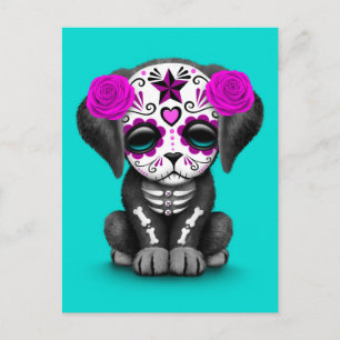 Cute Lila Day of the dead Puppy Hund Blue Vykort