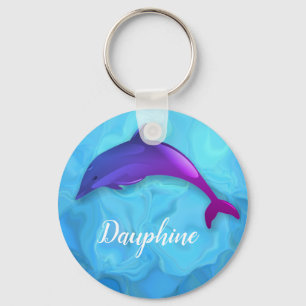 Cute lila delphin i vatten - lägg till namn nyckelring