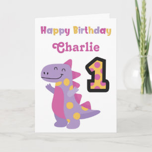 Cute Lila Dinosaur 1:a födelsedagskortet Kort