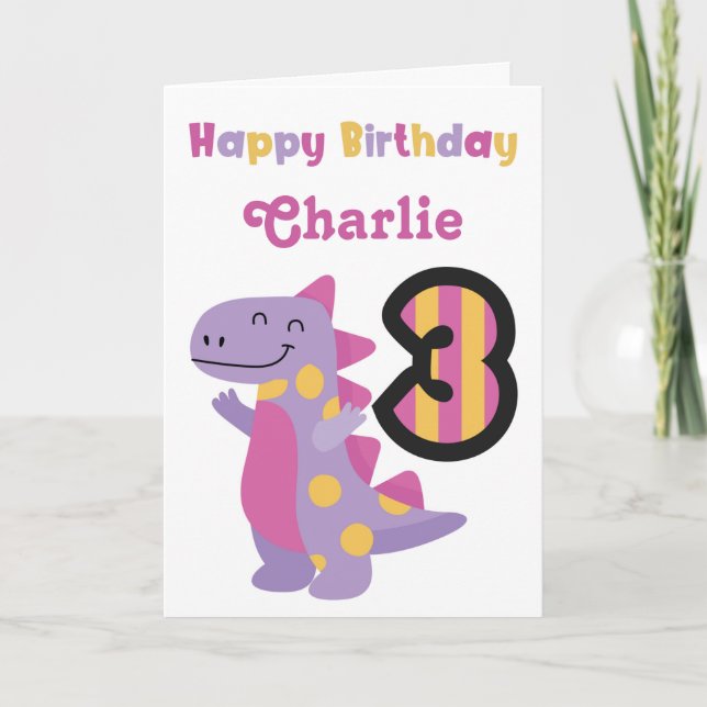 Cute Lila Dinosaur 3:e födelsedagskort Kort (Framsida)